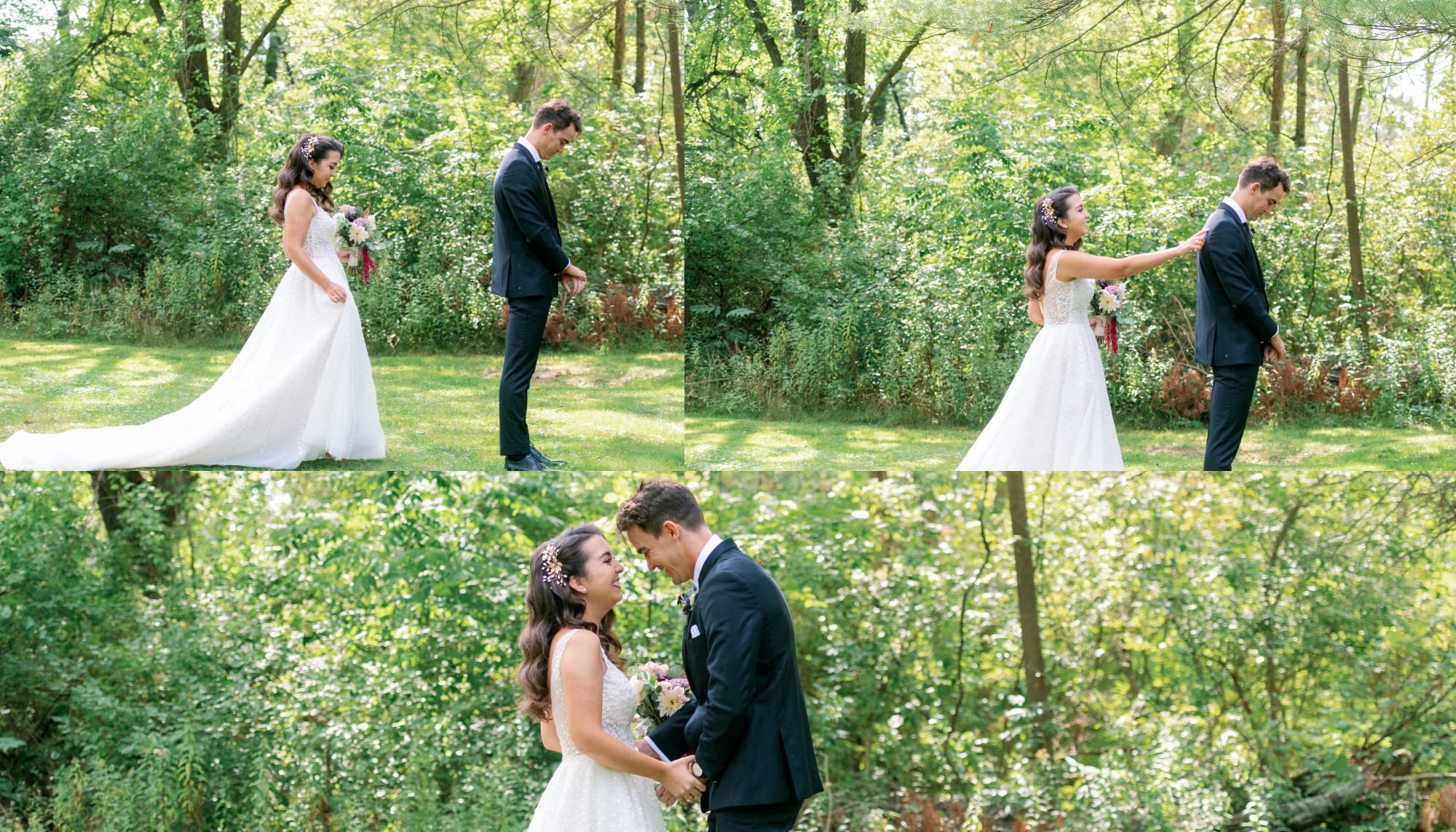 three photos of a bride and groom